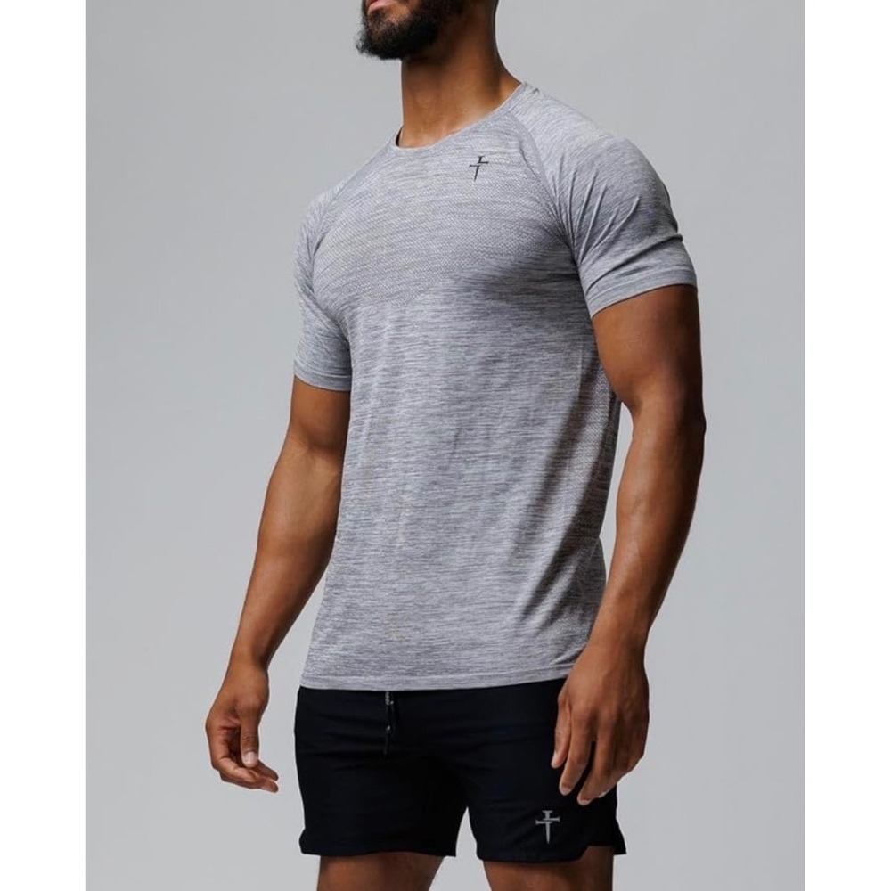 Three Nails Mens Medium Grey Marl Seamless Performance Training T-Shirt Raglan